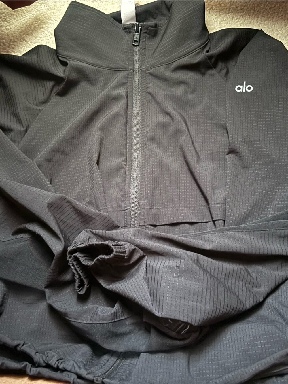 Alo Black Lightweight Zip Hoodie with Subtle Grid Texture & Short Set